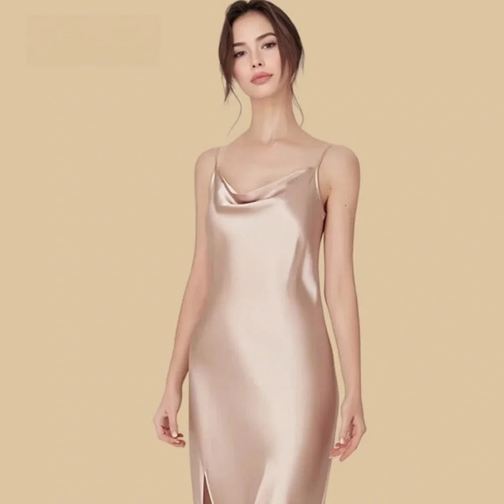 100% Mulberry Silk 16Momme Cowl Neck Spaghetti Strap Nightgown with Side Slit Design