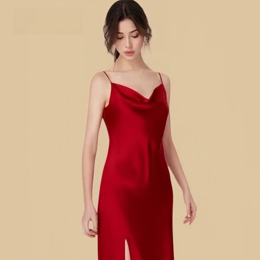 100% Mulberry Silk 16Momme Cowl Neck Spaghetti Strap Nightgown with Side Slit Design