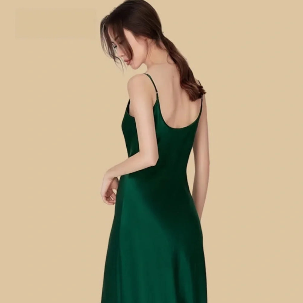 100% Mulberry Silk 16Momme Cowl Neck Spaghetti Strap Nightgown with Side Slit Design
