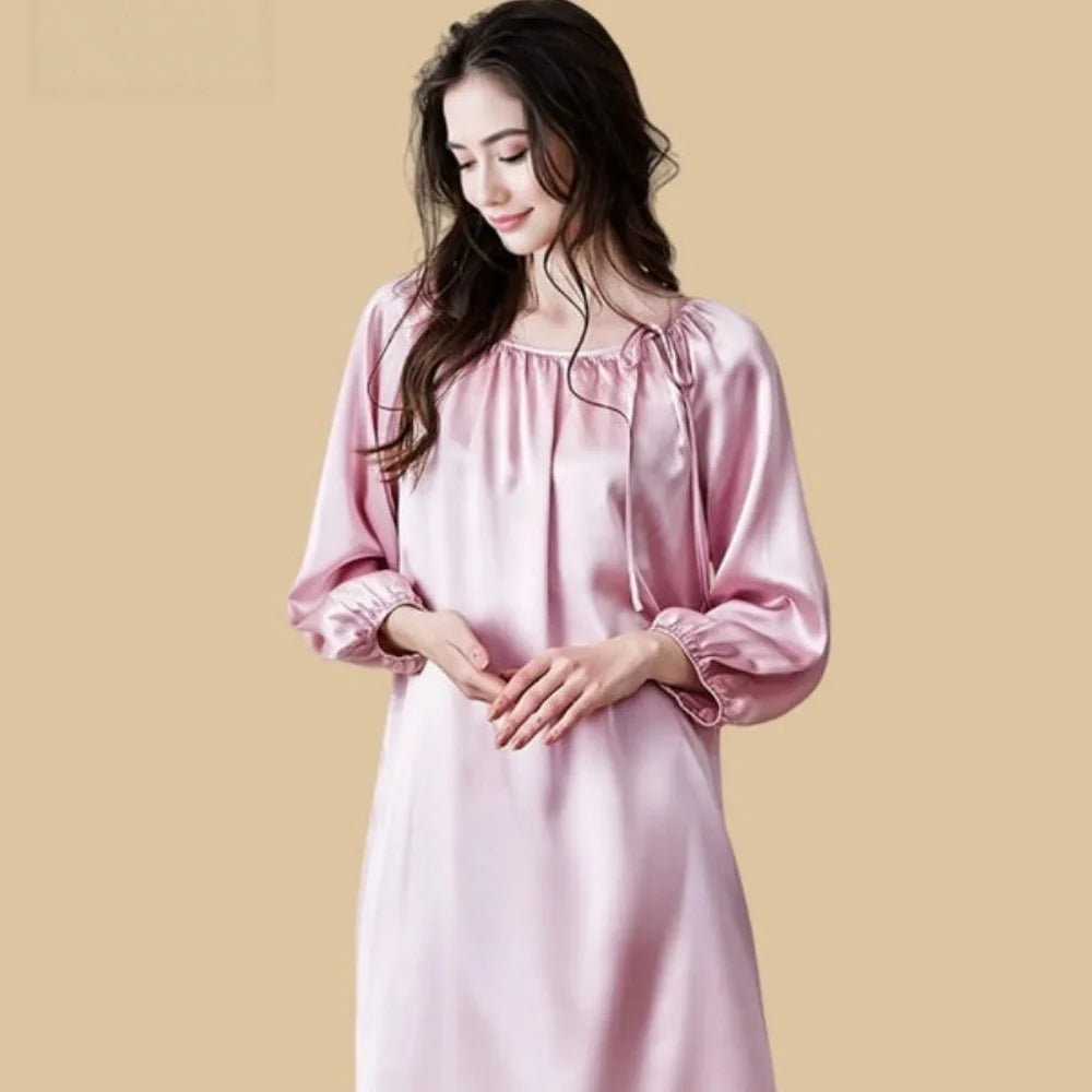 100% Mulberry Silk 16Momme Drawstring Neck Midi Nightgown with Long Sleeves