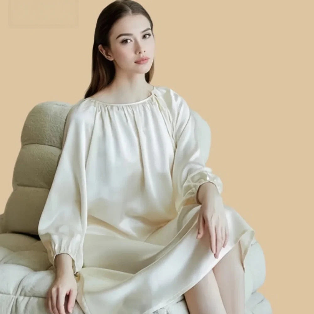 100% Mulberry Silk 16Momme Drawstring Neck Midi Nightgown with Long Sleeves