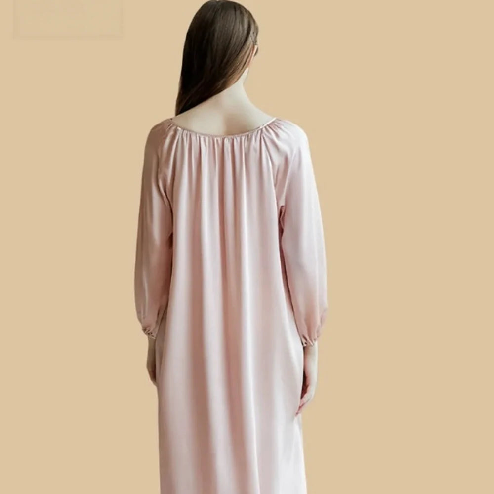 100% Mulberry Silk 16Momme Drawstring Neck Midi Nightgown with Long Sleeves