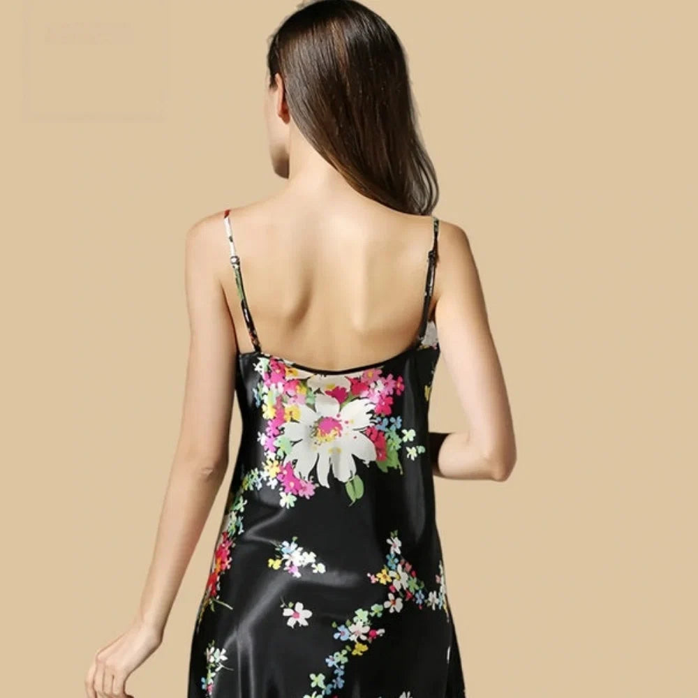 100% Mulberry Silk 16Momme Floral Print Spaghetti Strap Nightgown with Lace Trim Design
