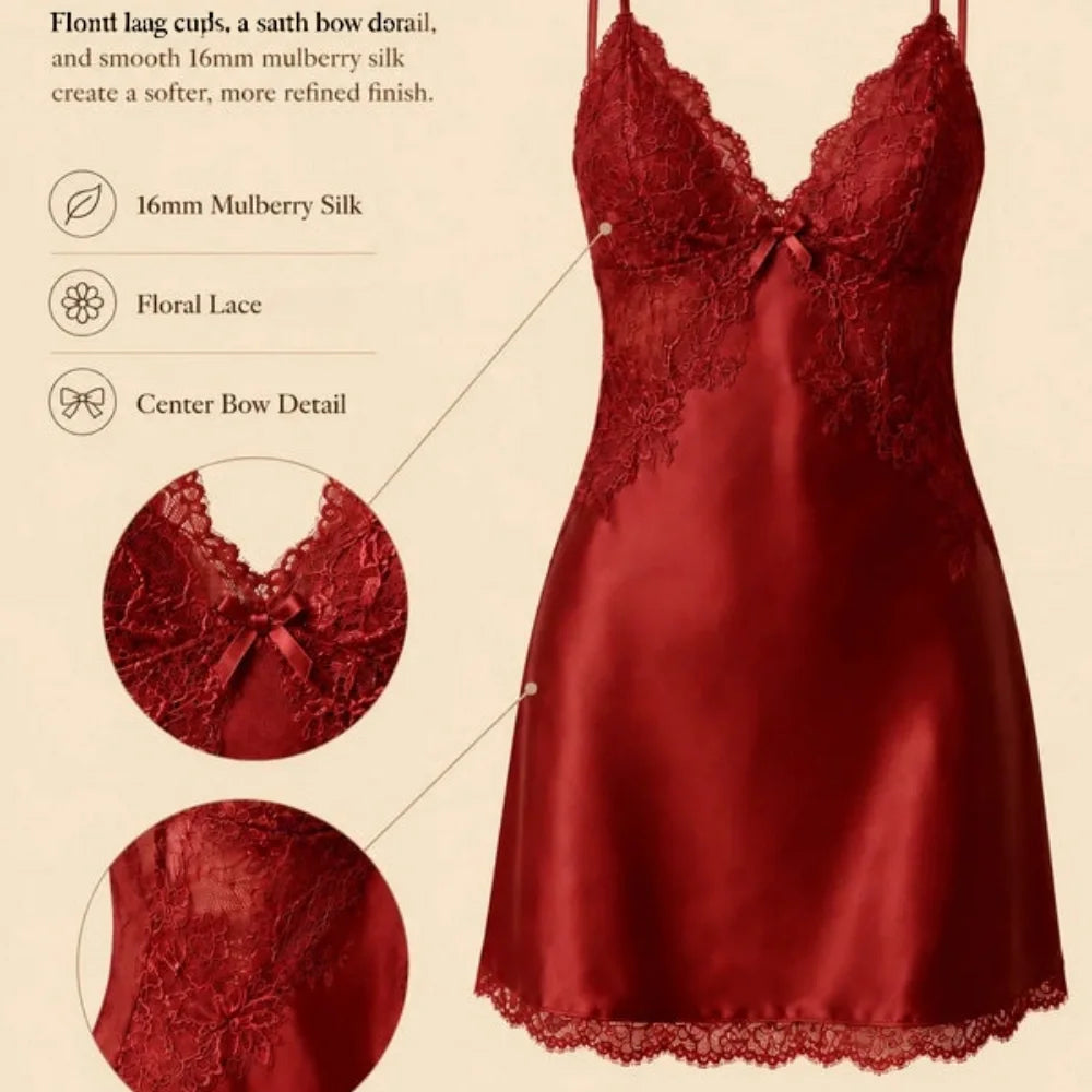 100% Mulberry Silk 16Momme Lace V-neck Spaghetti Strap Mini Nightgown