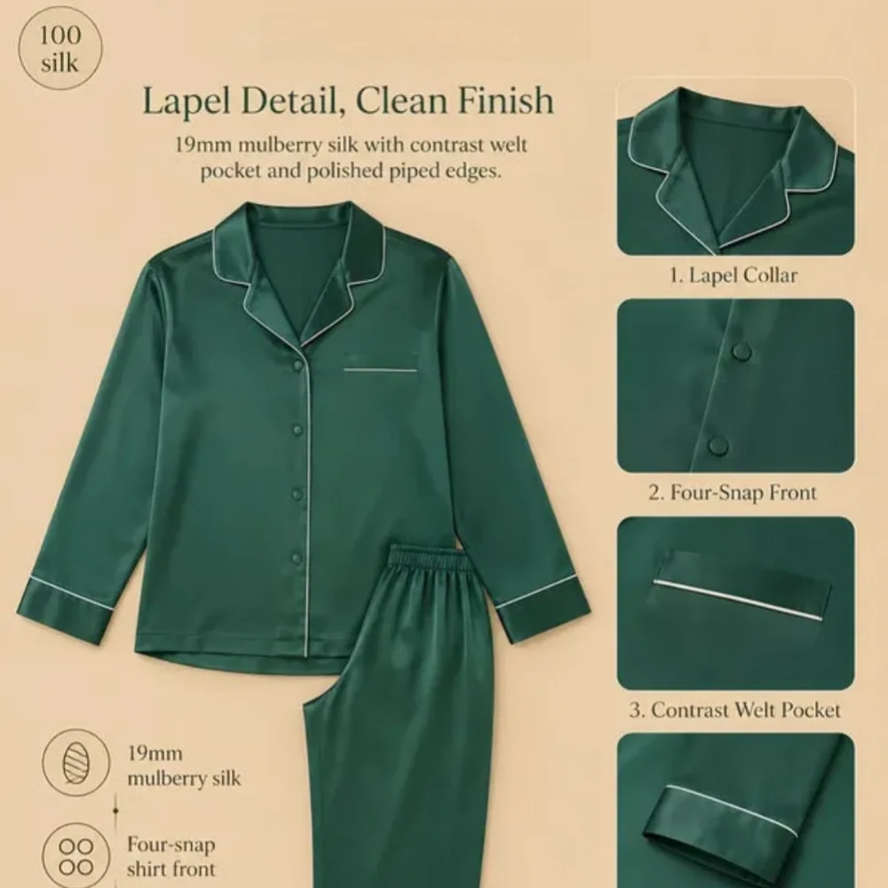 100% Mulberry Silk 16Momme Lapel Collar Long Sleeve Button Up Women&