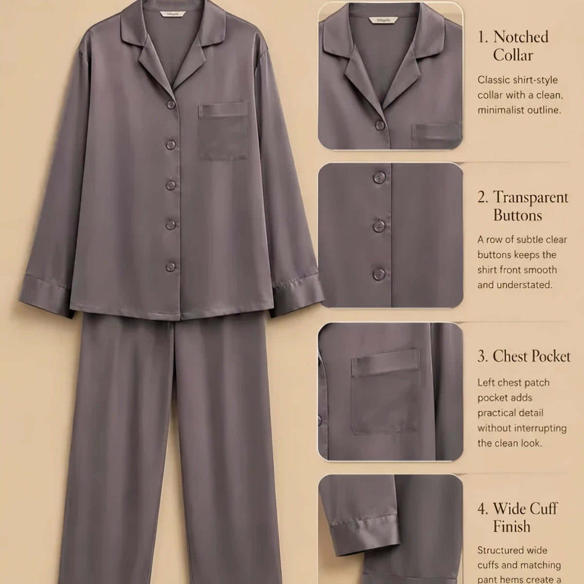 100% Mulberry Silk 16Momme Long Sleeve Button-Up Pajamas Set for Women