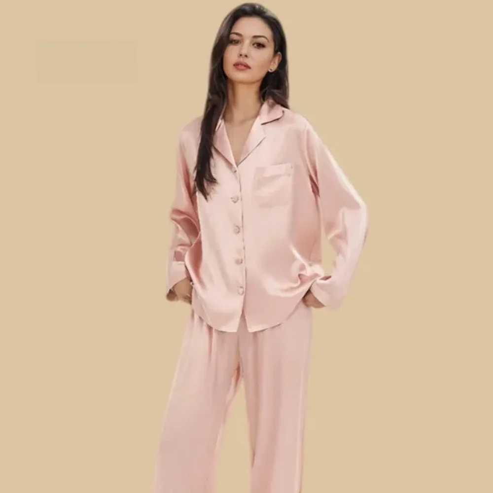 100% Mulberry Silk 16Momme Long Sleeve Button-Up Pajamas Set for Women
