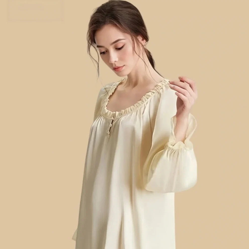 100% Mulberry Silk 16Momme Long Sleeve Short Nightgown with Flare Cuffs and Hem