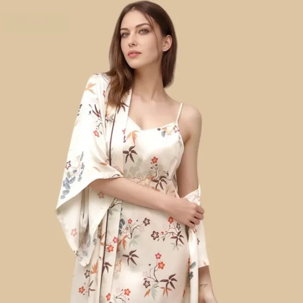 100% Mulberry Silk 16Momme Printed V-neck Nightgown & Kimono Robe Set