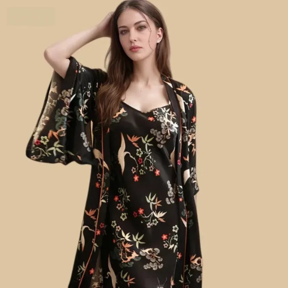 100% Mulberry Silk 16Momme Printed V-neck Nightgown & Kimono Robe Set