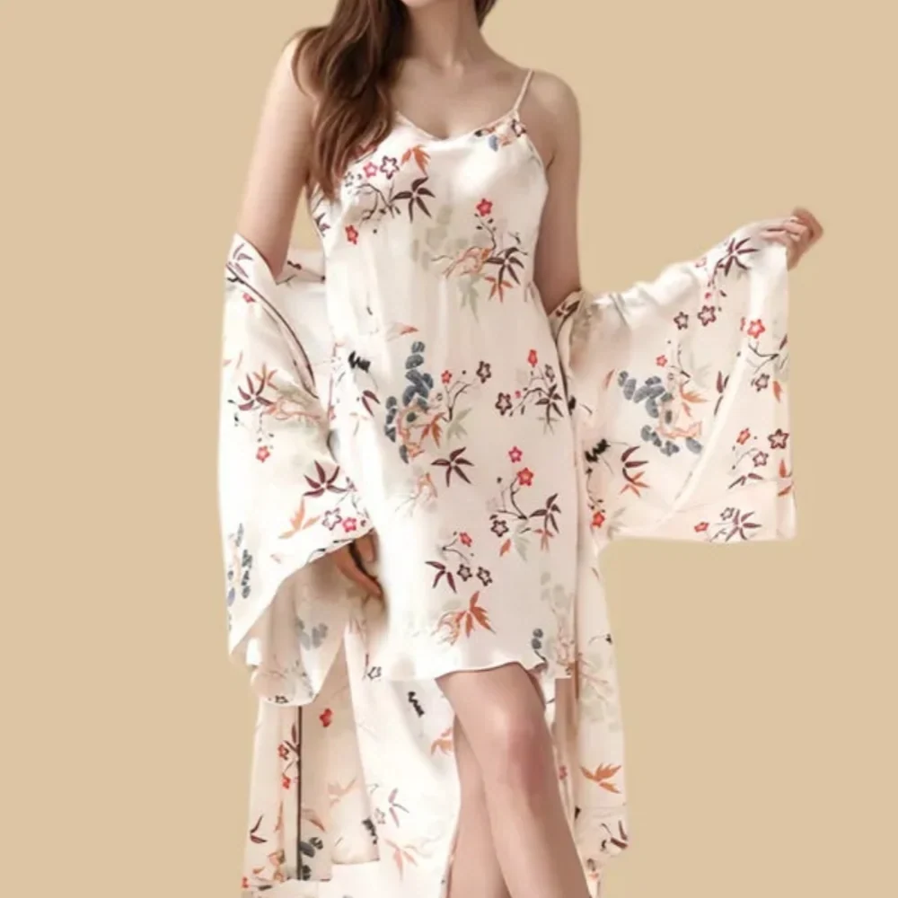 100% Mulberry Silk 16Momme Printed V-neck Nightgown & Kimono Robe Set