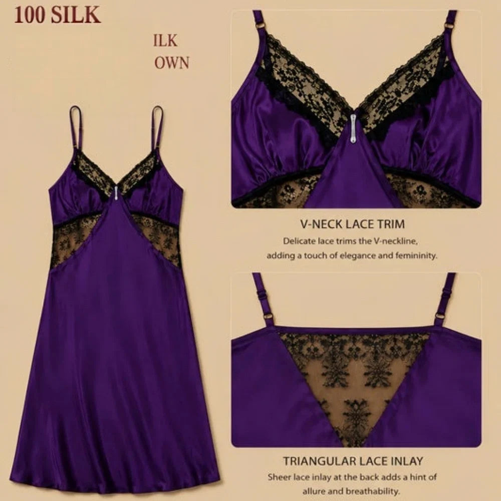 100% Mulberry Silk 16Momme Spaghetti Strap Nightgown with Lace-Trim and Hollow Design