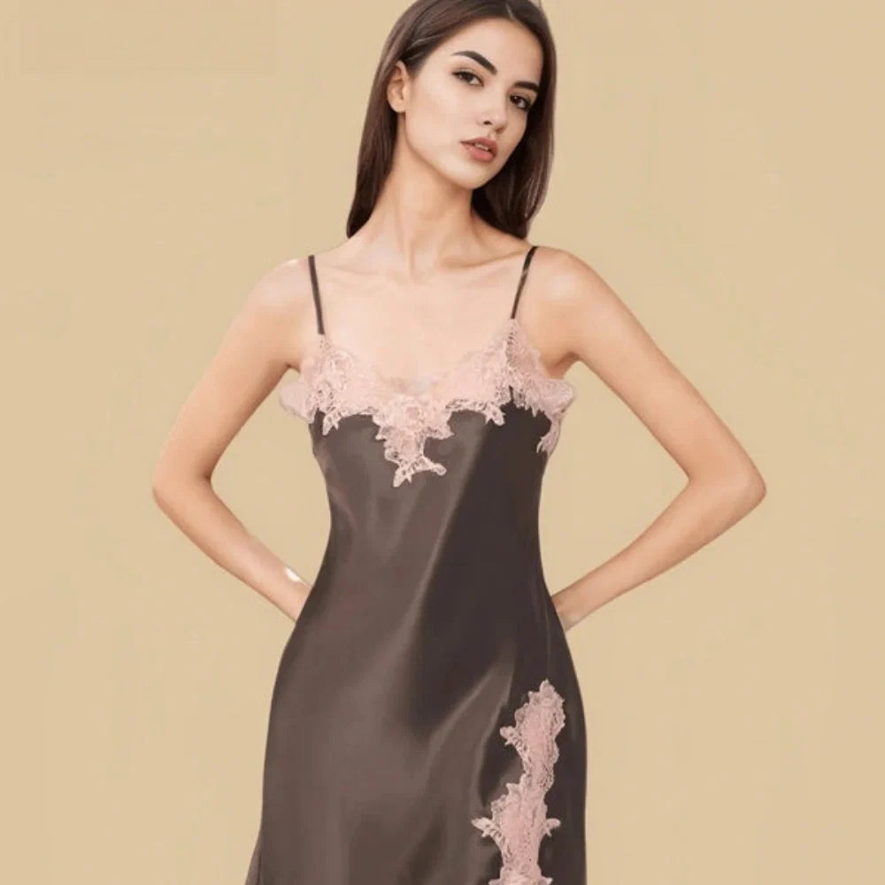 100% Mulberry Silk 16Momme Spaghetti Strap Nightgown with Lace V-Neck and Side Slit Design