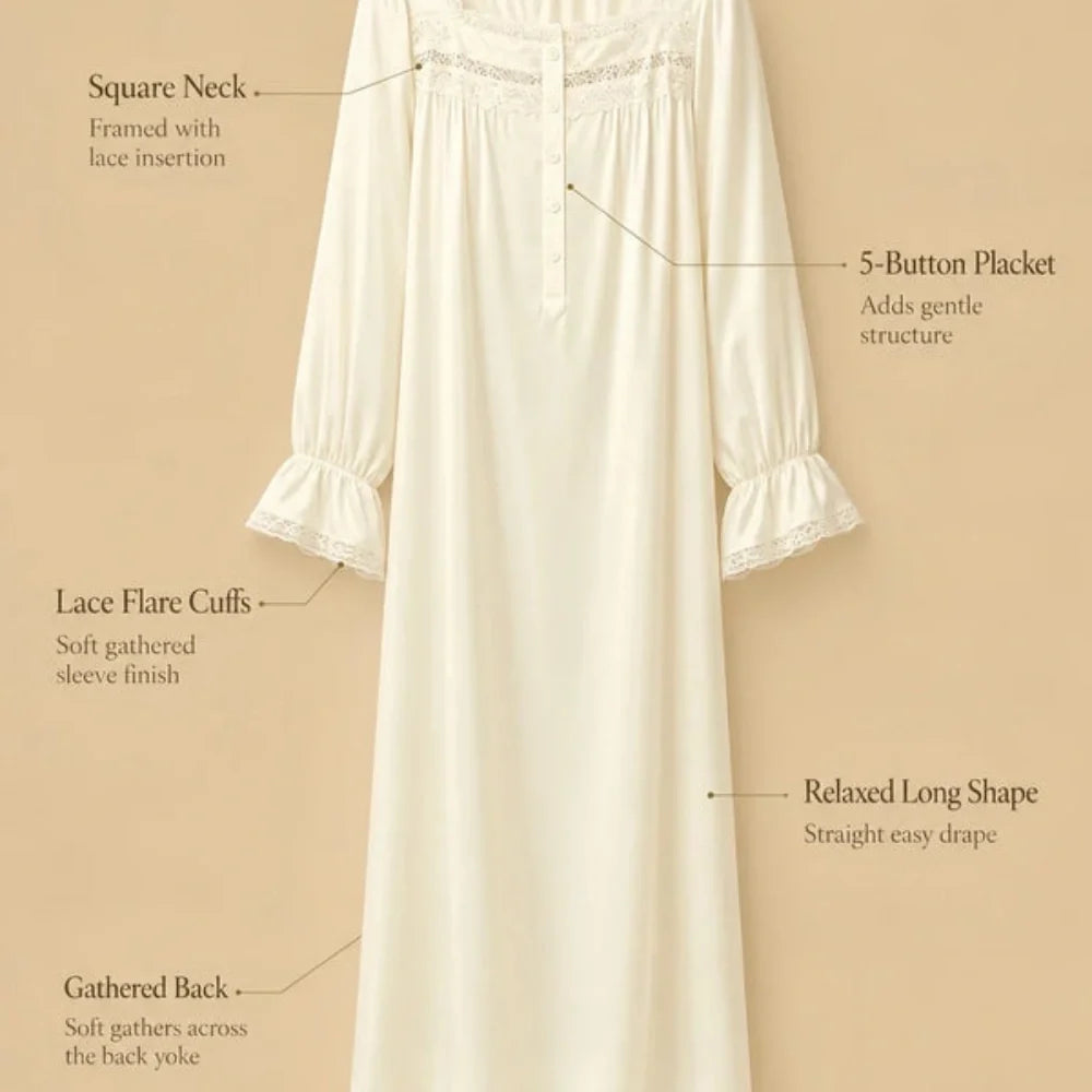 100% Mulberry Silk 16Momme Square Neck Midi Nightgown with Lace Flare Sleeves