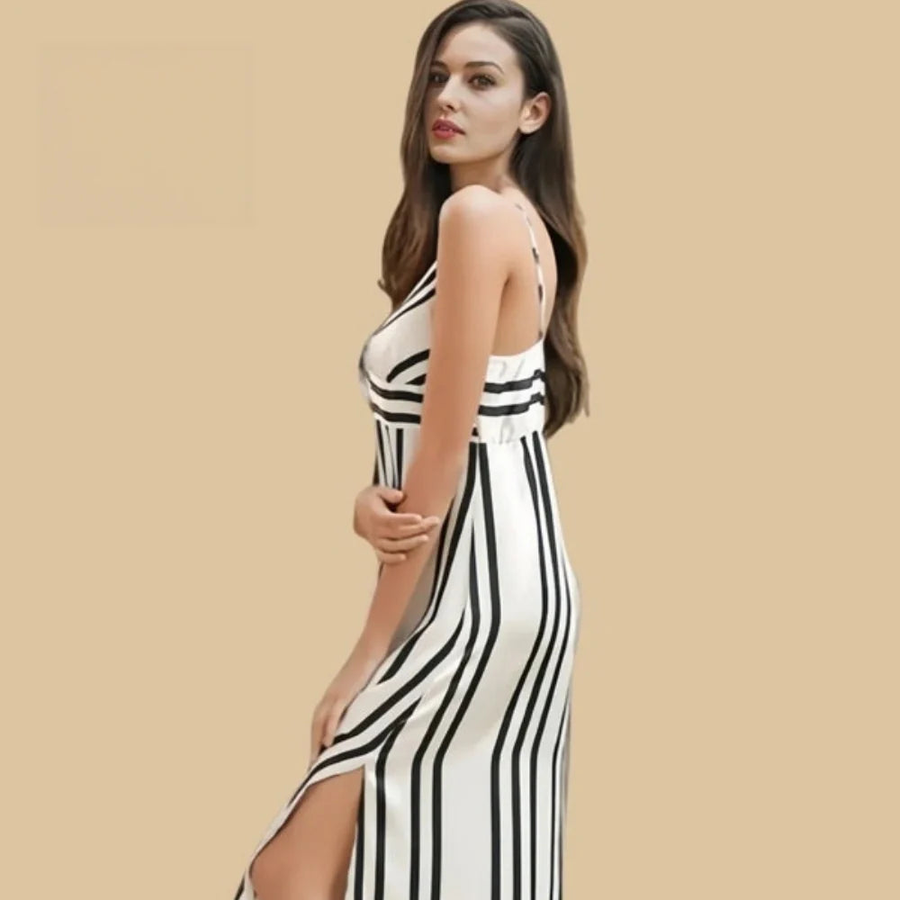 100% Mulberry Silk 16Momme Striped Spaghetti Strap Midi Nightgown with Side Slit Design
