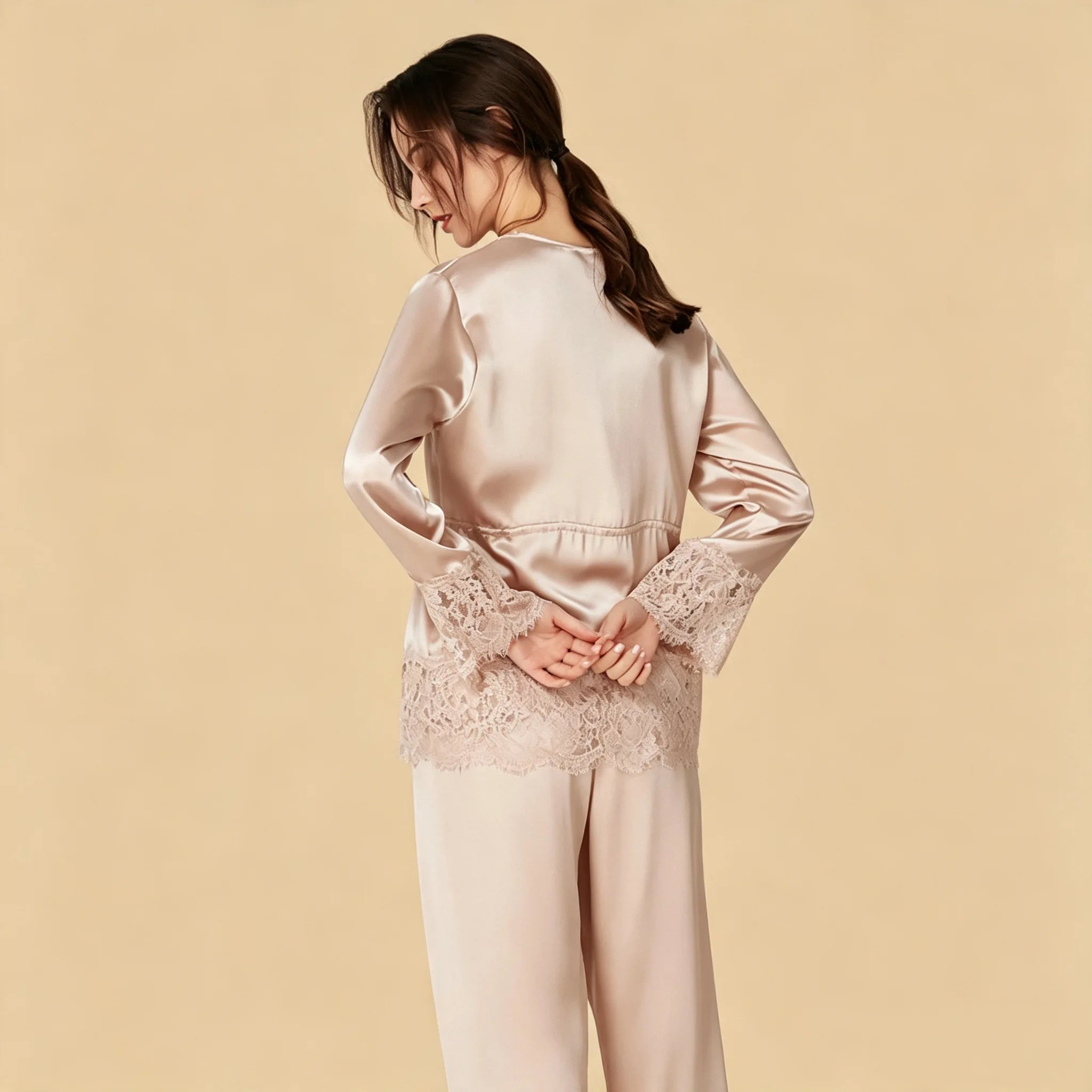 100% Mulberry Silk 16Momme Three-Piece Camisole Set with Lace-Trim and Belt Design