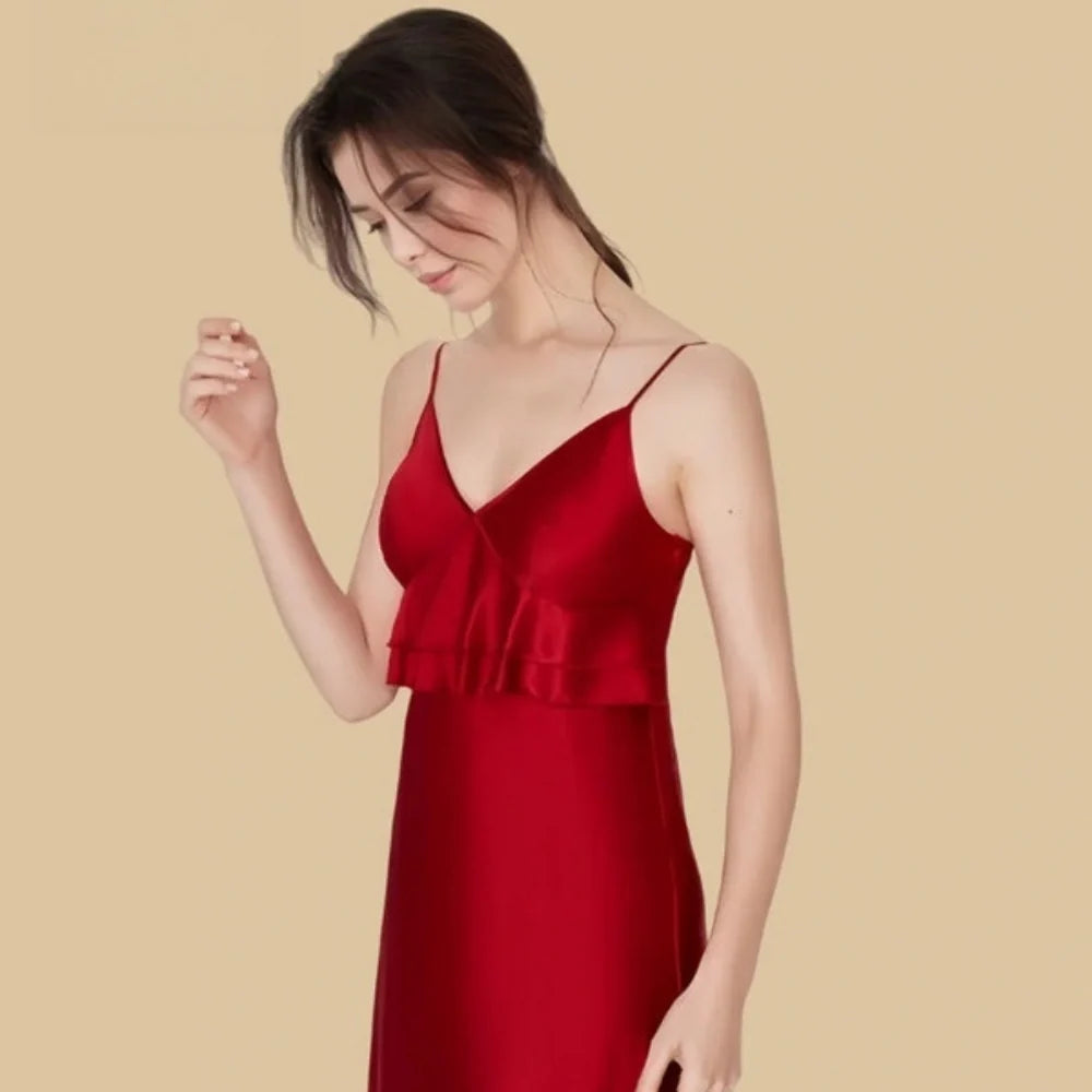 100% Mulberry Silk 16Momme V-Neck Spaghetti Strap Nightgown with Ruffle Bust