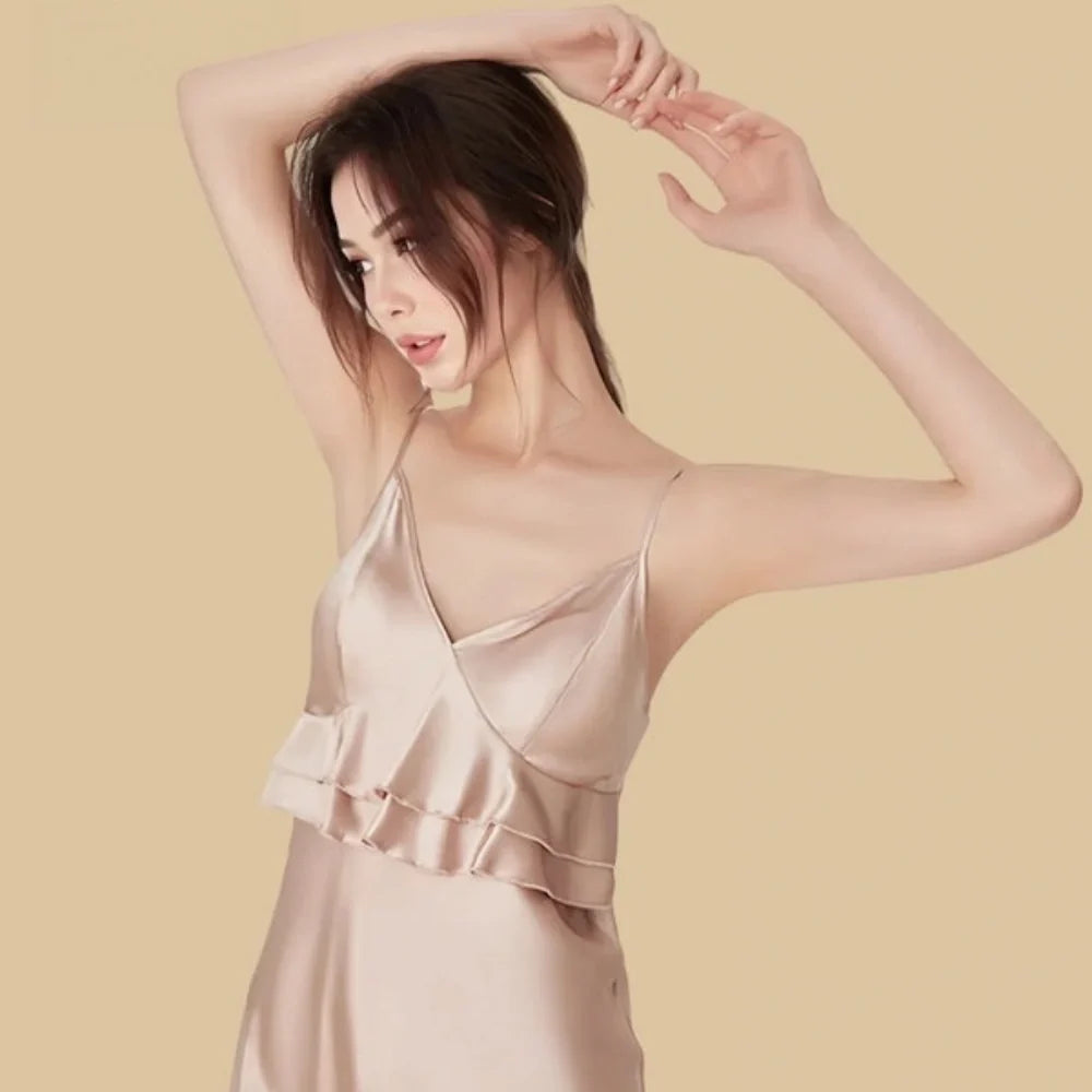100% Mulberry Silk 16Momme V-Neck Spaghetti Strap Nightgown with Ruffle Bust