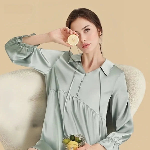 100% Mulberry Silk 16Momme Women Nightshirt with Lantern Sleeves Design