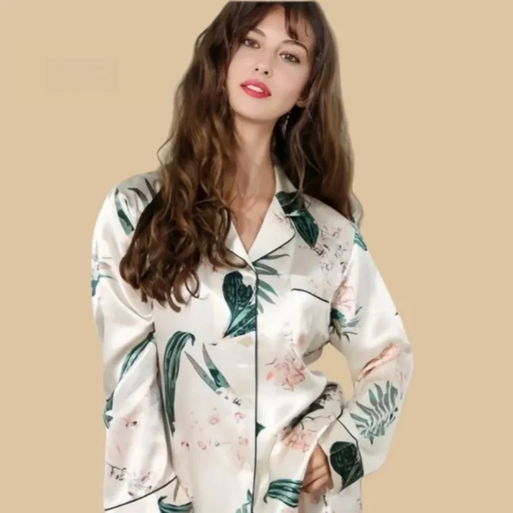 100% Mulberry Silk 19Momme Botanical Print Long Sleeve Women&