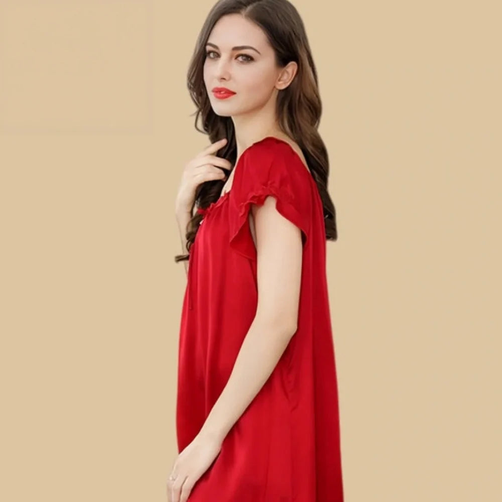 100% Mulberry Silk 19Momme Bow-Neck Short Nightgown with Flutter Sleeves