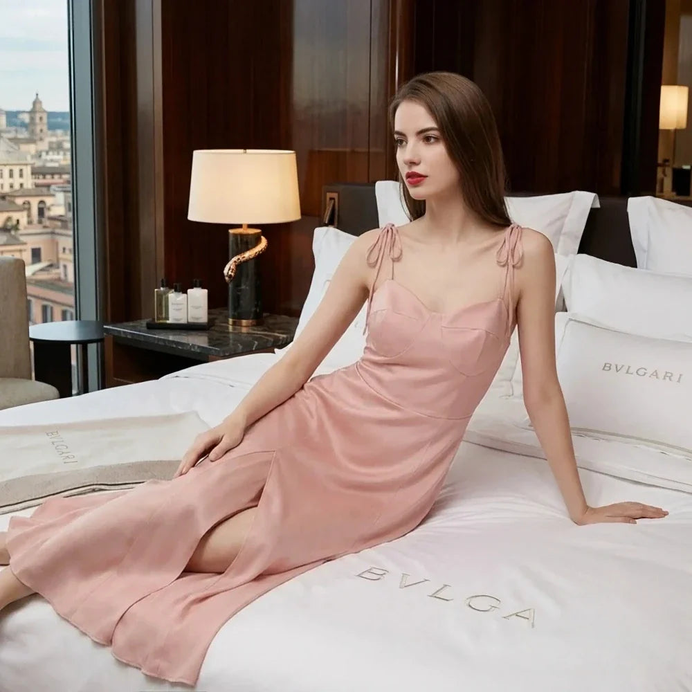 100% Mulberry Silk 19Momme Bow Spaghetti Strap Nightgown with Side Slit Design