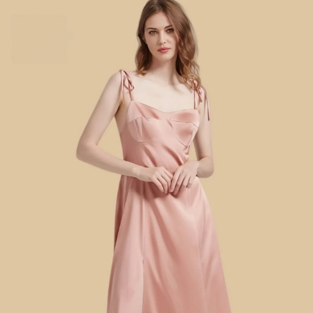 100% Mulberry Silk 19Momme Bow Spaghetti Strap Nightgown with Side Slit Design