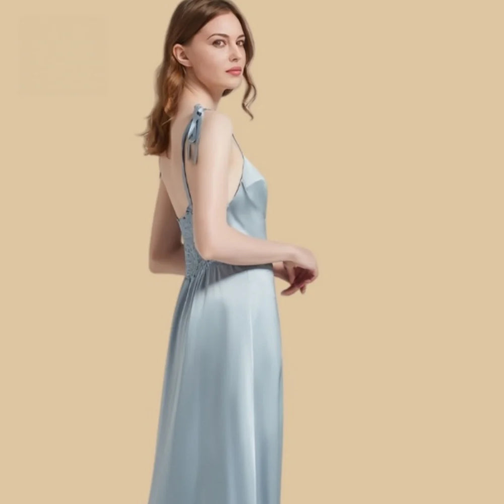 100% Mulberry Silk 19Momme Bow Spaghetti Strap Nightgown with Side Slit Design