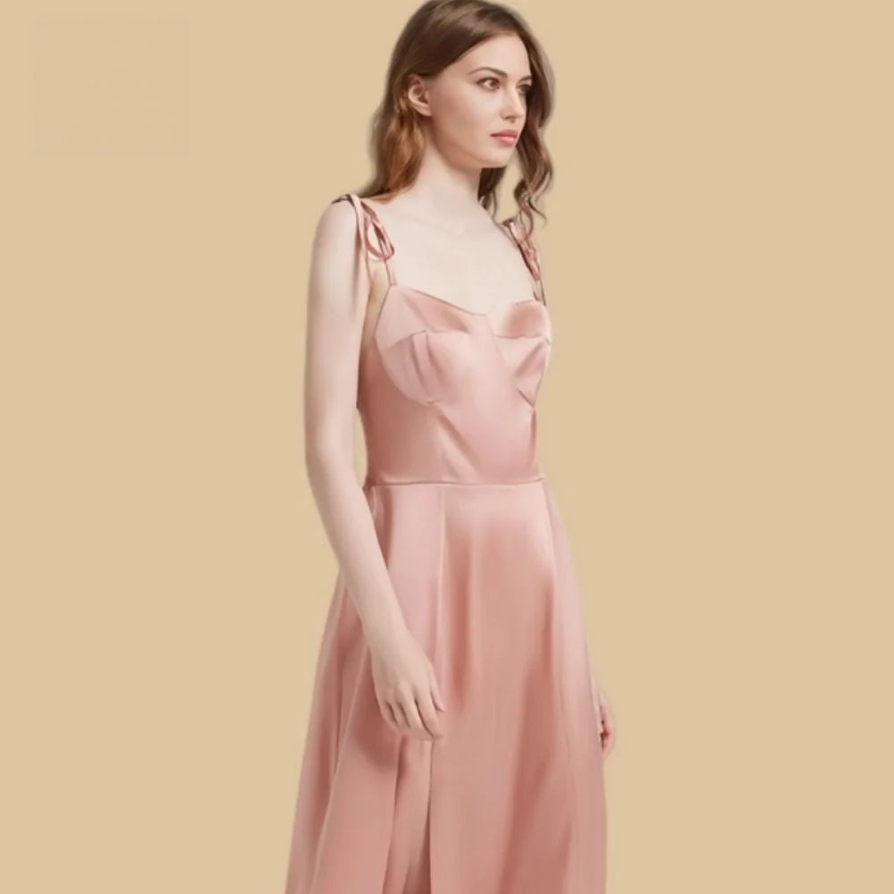 100% Mulberry Silk 19Momme Bow Spaghetti Strap Nightgown with Side Slit Design