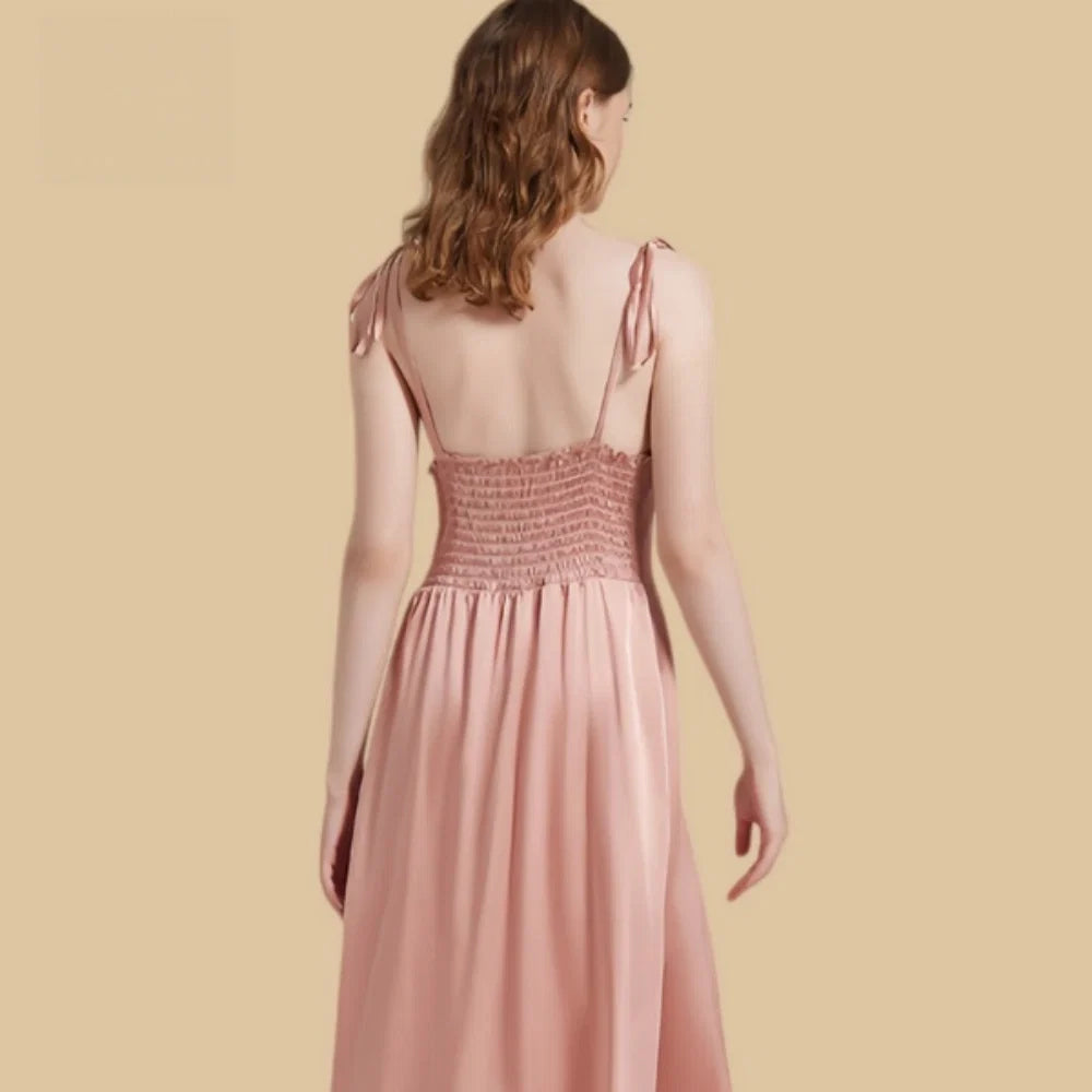 100% Mulberry Silk 19Momme Bow Spaghetti Strap Nightgown with Side Slit Design