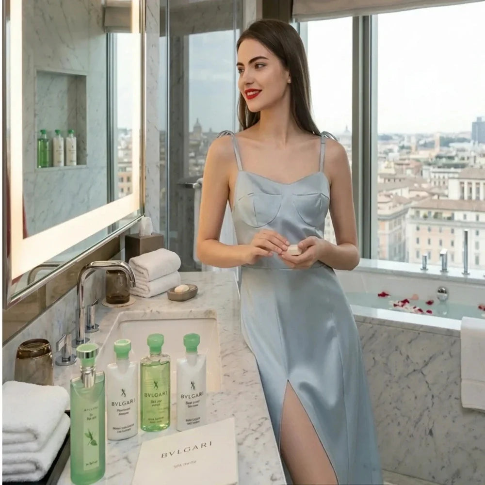 100% Mulberry Silk 19Momme Bow Spaghetti Strap Nightgown with Side Slit Design