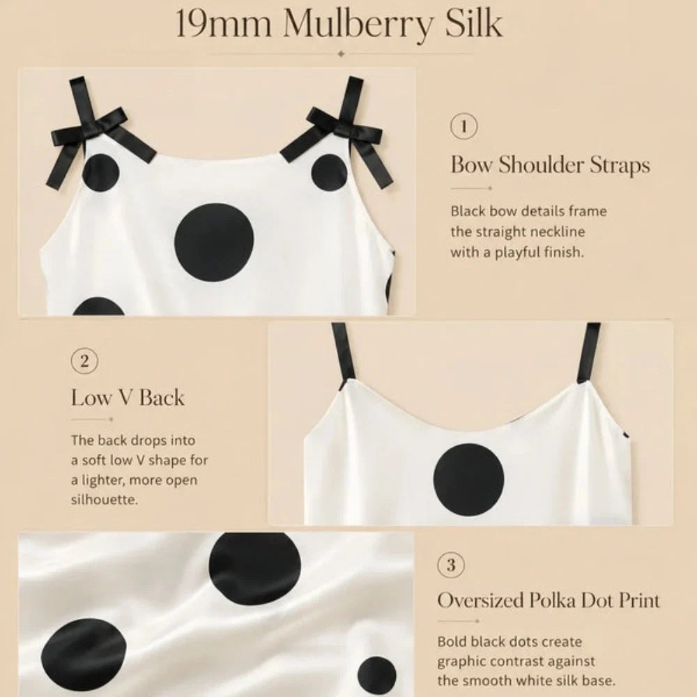 100% Mulberry Silk 19Momme Bow Strap Nightgown with Polka Dot and Low V Back
