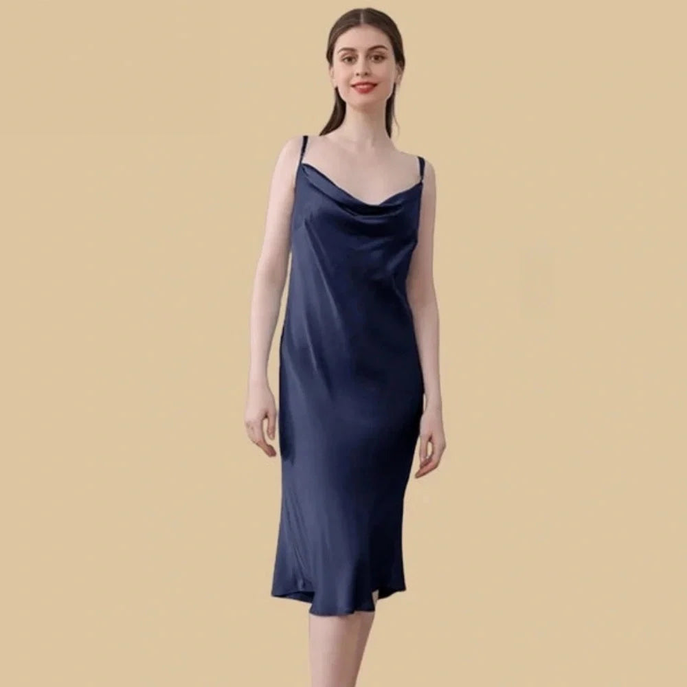 100% Mulberry Silk 19Momme Cowl Neck Spaghetti Strap Midi Nightgown