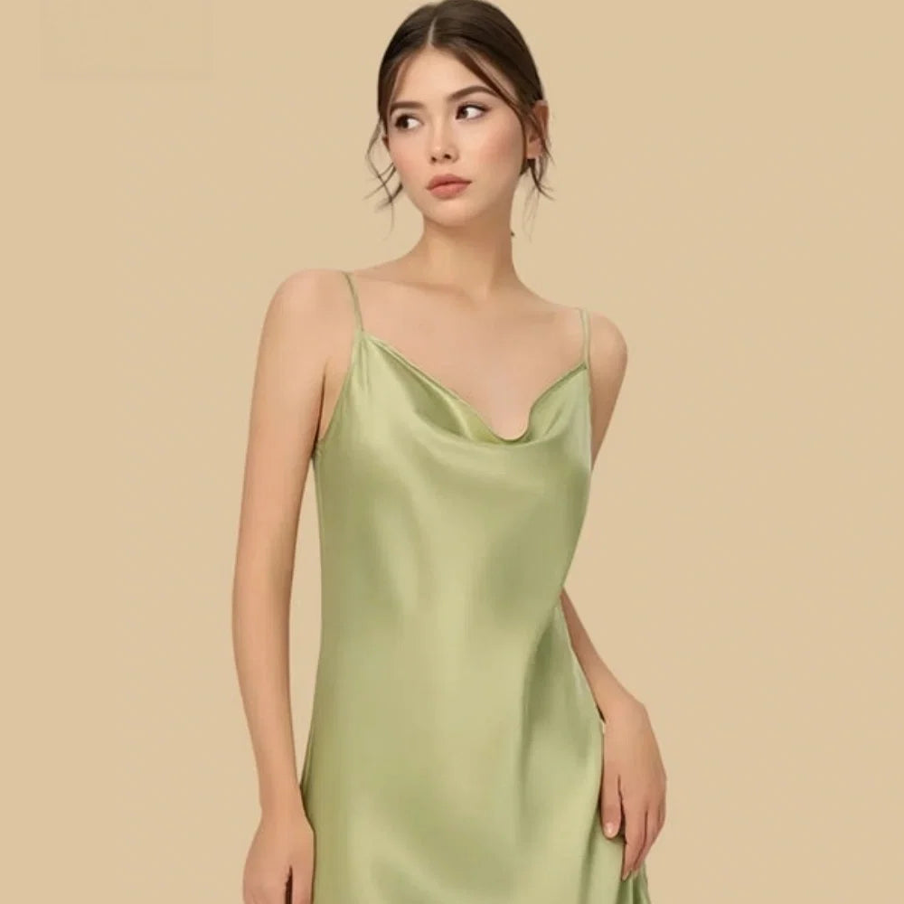 100% Mulberry Silk 19Momme Cowl Neck Spaghetti Strap Short Nightgown