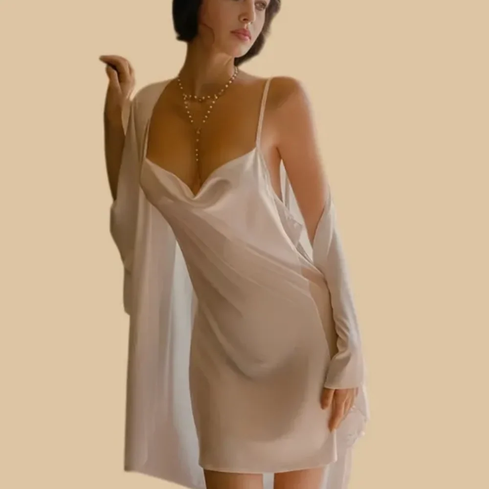 100% Mulberry Silk 19Momme Embroidered Spaghetti Strap Nightgown & Robe Set