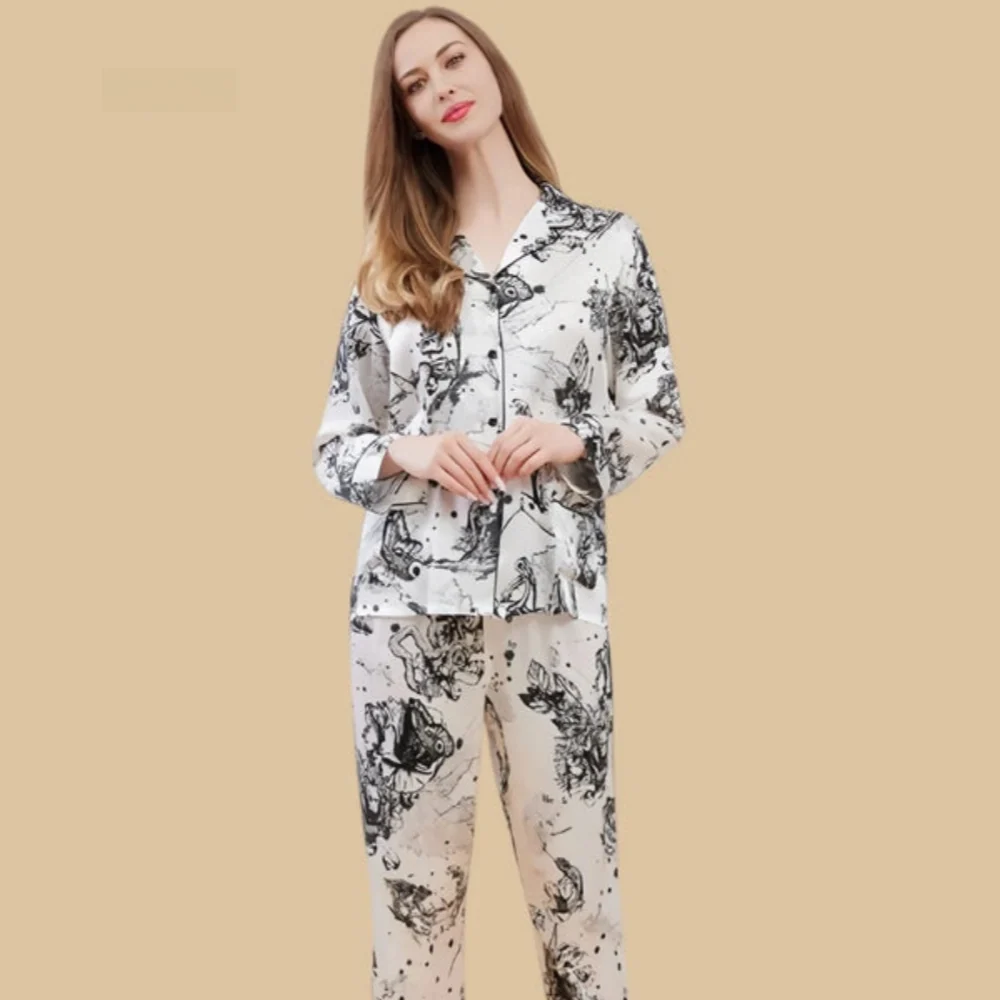 100% Mulberry Silk 19Momme Floral Print Long Sleeve Women&