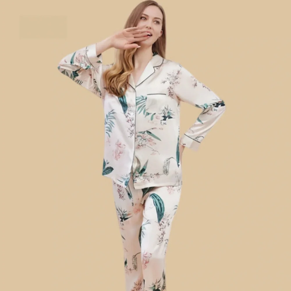 100% Mulberry Silk 19Momme Floral Print Long Sleeve Women&