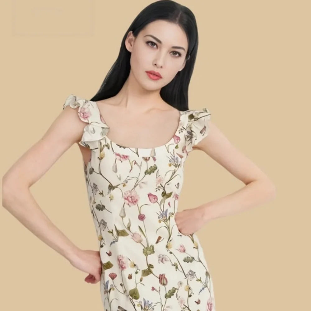 100% Mulberry Silk 19Momme Floral Square Neck Midi Nightgown with Flutter Straps