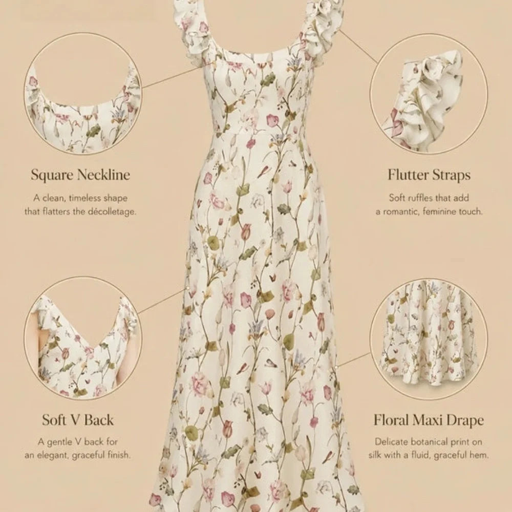 100% Mulberry Silk 19Momme Floral Square Neck Midi Nightgown with Flutter Straps