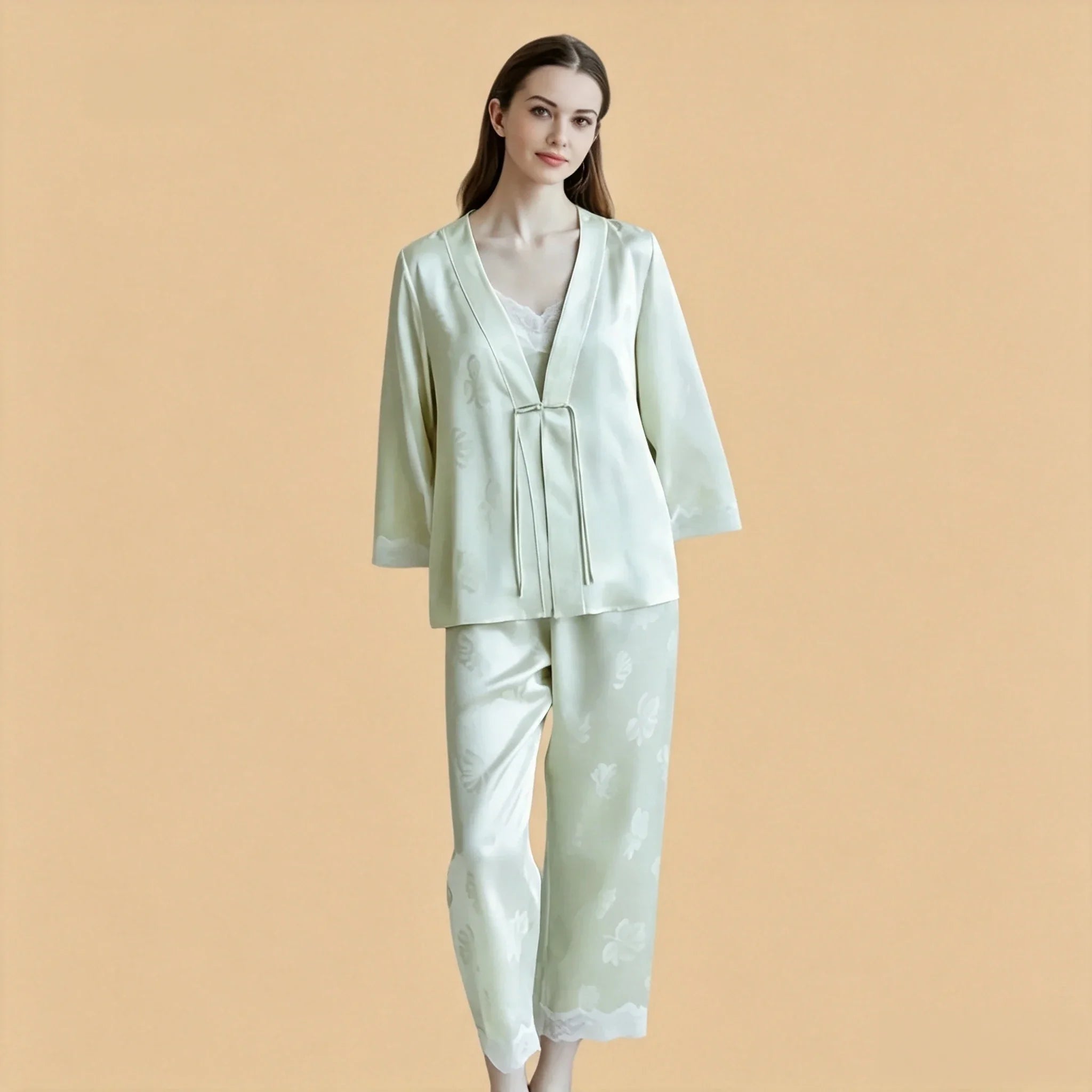 100% Mulberry Silk 19Momme Jacquard Lace V-Neck Camisole Set with Tie-Front Robe
