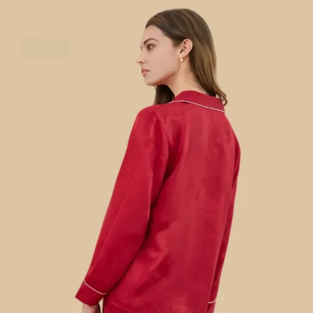 100% Mulberry Silk 19Momme Jacquard Long Sleeve Button Up Women&