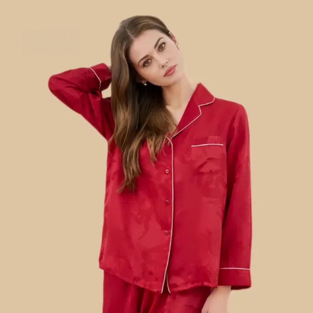 100% Mulberry Silk 19Momme Jacquard Long Sleeve Button Up Women&