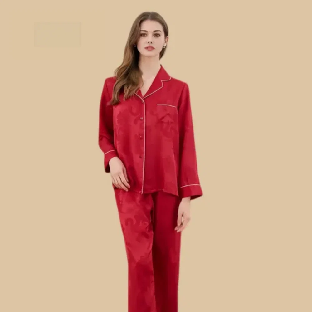100% Mulberry Silk 19Momme Jacquard Long Sleeve Button Up Women&