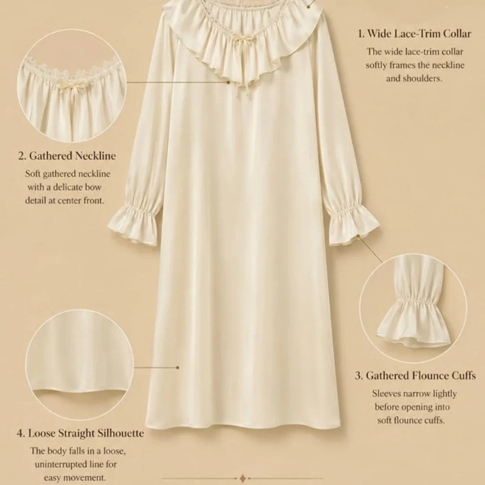 100% Mulberry Silk 19Momme Lace Collar Nightgown with Ruffle Design