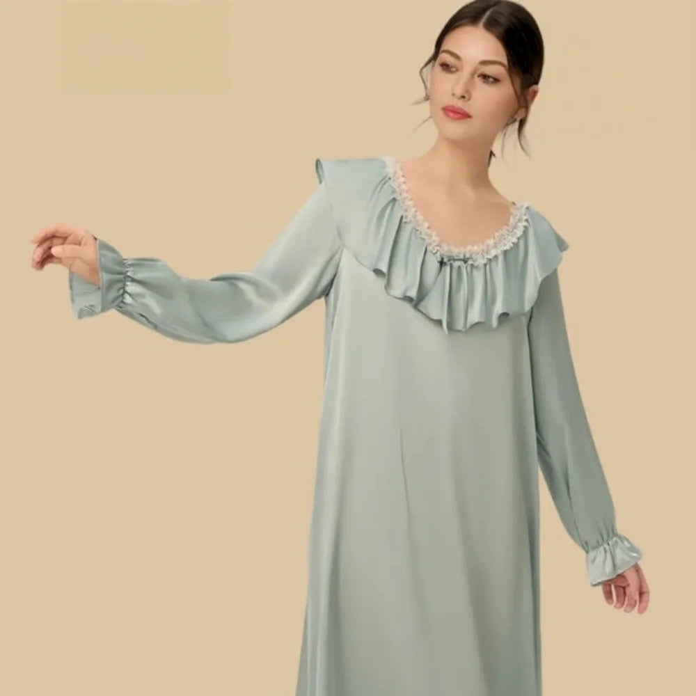 100% Mulberry Silk 19Momme Lace Collar Nightgown with Ruffle Design