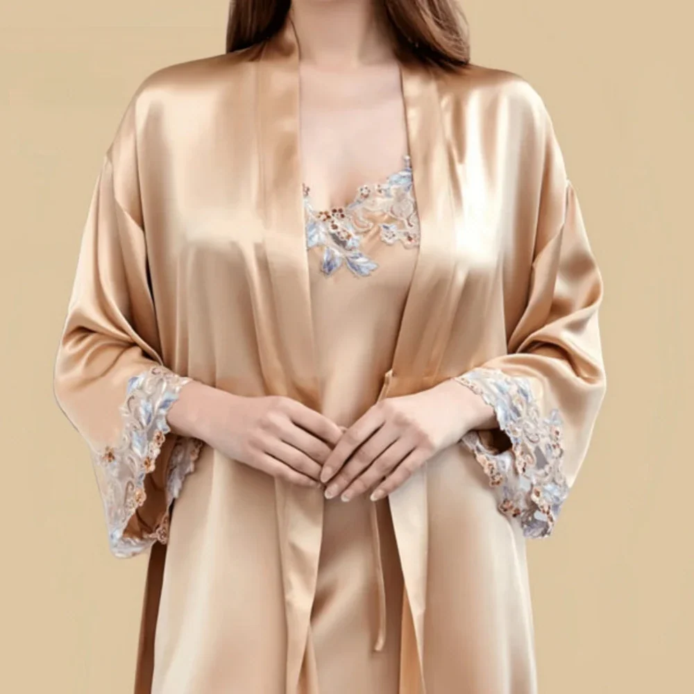 100% Mulberry Silk 19Momme Lace Nightgown & Kimono Robe Set