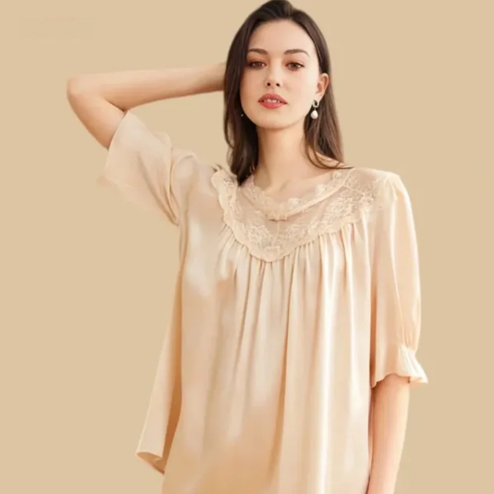 100% Mulberry Silk 19Momme Lace Round Neck Half Sleeve Women&