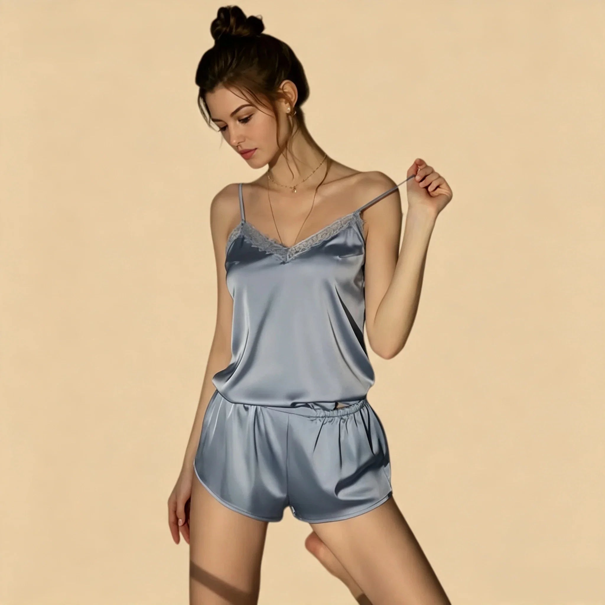 100% Mulberry Silk 19Momme Lace V-Neck Camisole Set