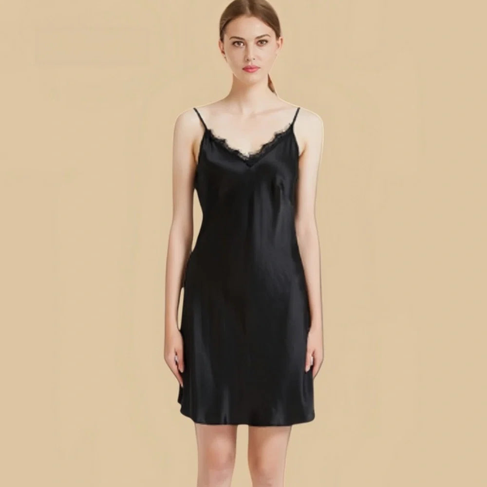 100% Mulberry Silk 19Momme Lace V Neck Spaghetti Strap Nightgown