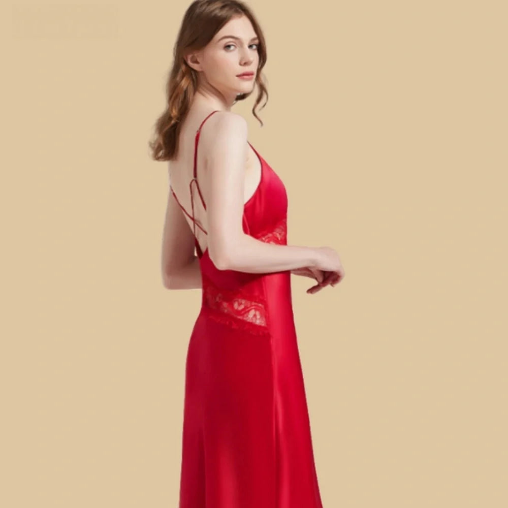100% Mulberry Silk 19Momme Lace-Waist Nightgown with Criss-Cross Back